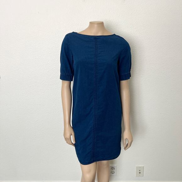 [COS] Blue Chambray Denim Half Sleeve Boat Neck Shift A-Line Mini Dress Size 6 - Picture 2 of 13